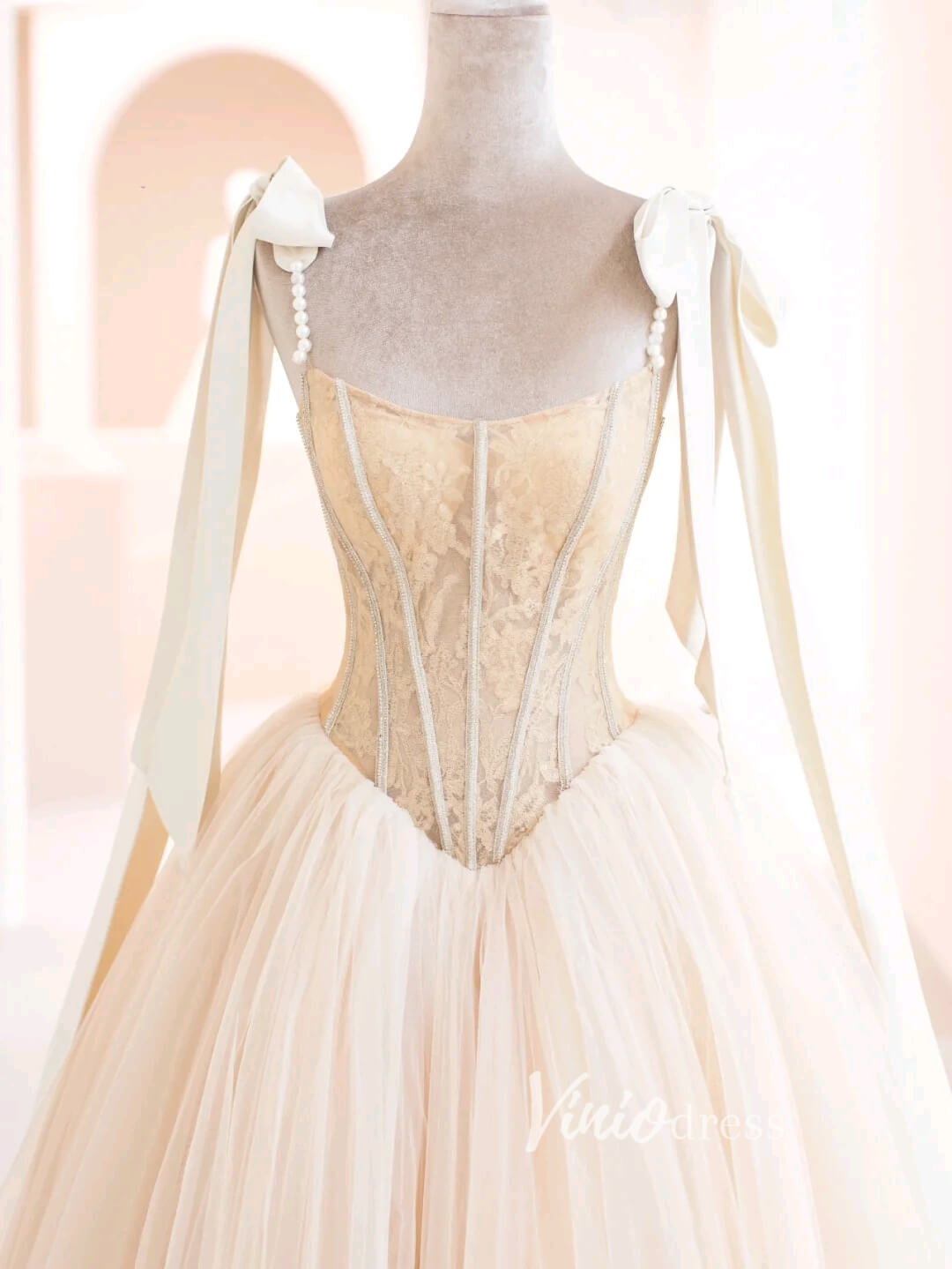 Champagne Tulle Prom Dresses Spaghetti Strap Formal Gown FD3432-prom dresses-Viniodress-Viniodress