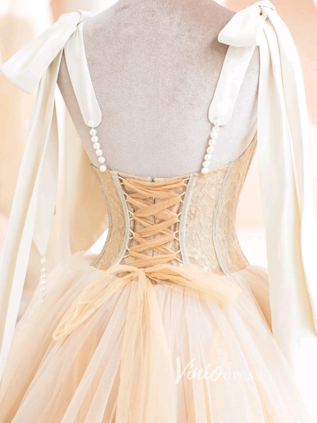 Champagne Tulle Prom Dresses Spaghetti Strap Formal Gown FD3432-prom dresses-Viniodress-Viniodress