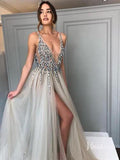 Champagne V-neck Formal Dresses Beading Sexy Prom Dress Viniodress FD1293