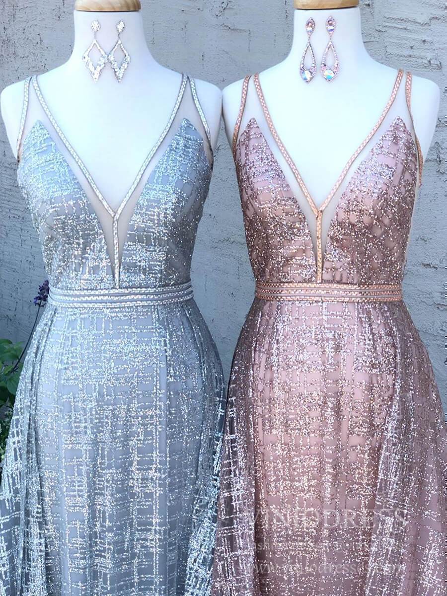 Cheap Plunging V-Neck Shiny Rose Gold Prom Dresses Long FD1781-prom dresses-Viniodress-Viniodress
