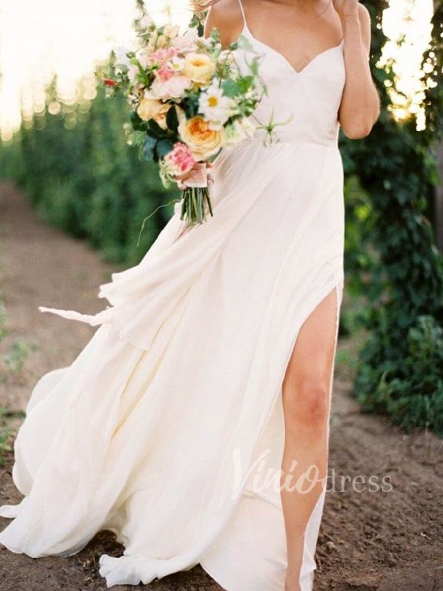 Cheap Spaghetti Strap Chiffon Beach Wedding Dresses with Slit VW1248-wedding dresses-Viniodress-Viniodress