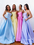 Classic Lace Up Satin Long Prom Dresses with Pockets FD1256B