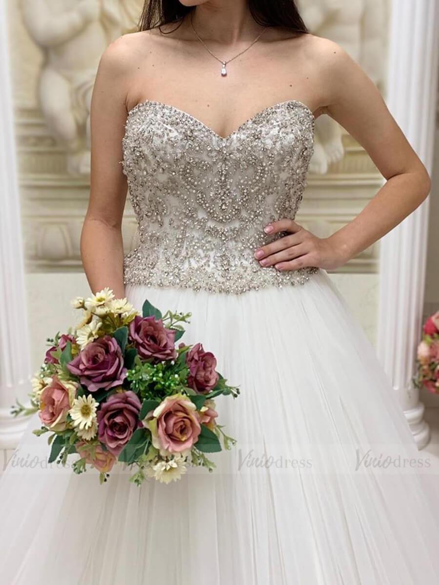 Classic Strapless Beaded Tulle Wedding Dresses with Train VW1356-wedding dresses-Viniodress-Viniodress
