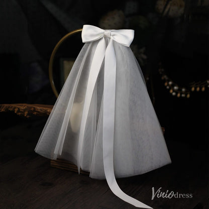Classy Satin Tulle Short Veil with Bow Viniodress AC1313-Bridal Veil 2025 -Viniodress-Ivory-