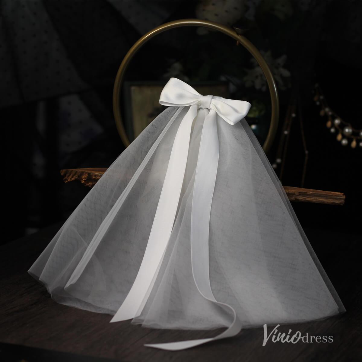 Classy Satin Tulle Short Veil with Bow Viniodress AC1313-Bridal Veil 2025 -Viniodress-Ivory-