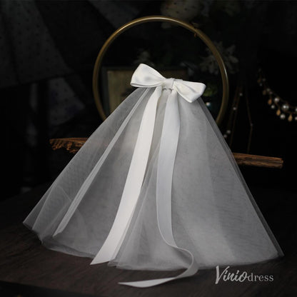 Classy Satin Tulle Short Veil with Bow Viniodress AC1313-Bridal Veil 2025 -Viniodress-Ivory-