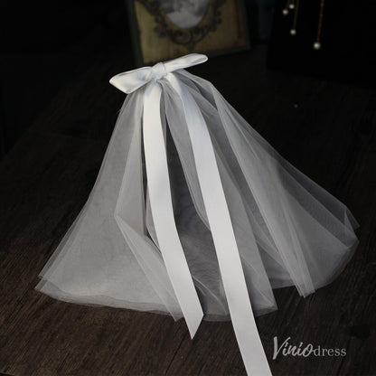 Classy Satin Tulle Short Veil with Bow Viniodress AC1313-Bridal Veil 2025 -Viniodress-Ivory-