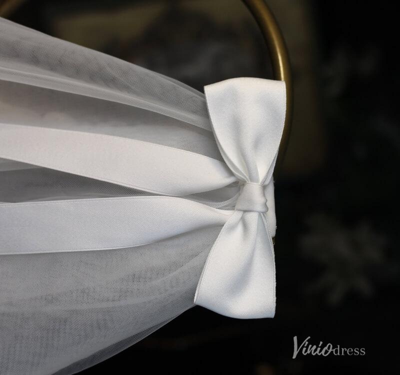Classy Satin Tulle Short Veil with Bow Viniodress AC1313-Bridal Veil 2025 -Viniodress-Ivory-