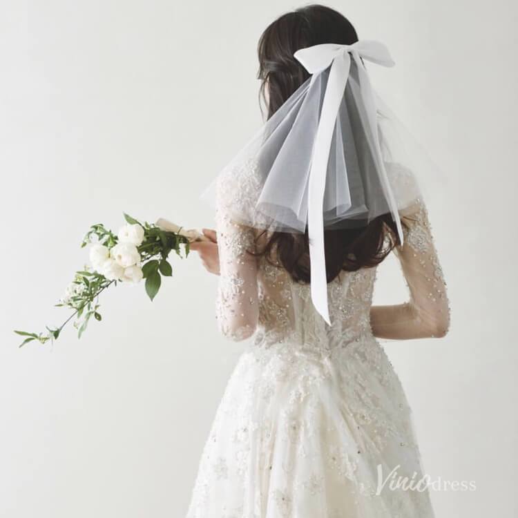 Classy Satin Tulle Short Veil with Bow Viniodress AC1313-Bridal Veil 2025 -Viniodress-Ivory-