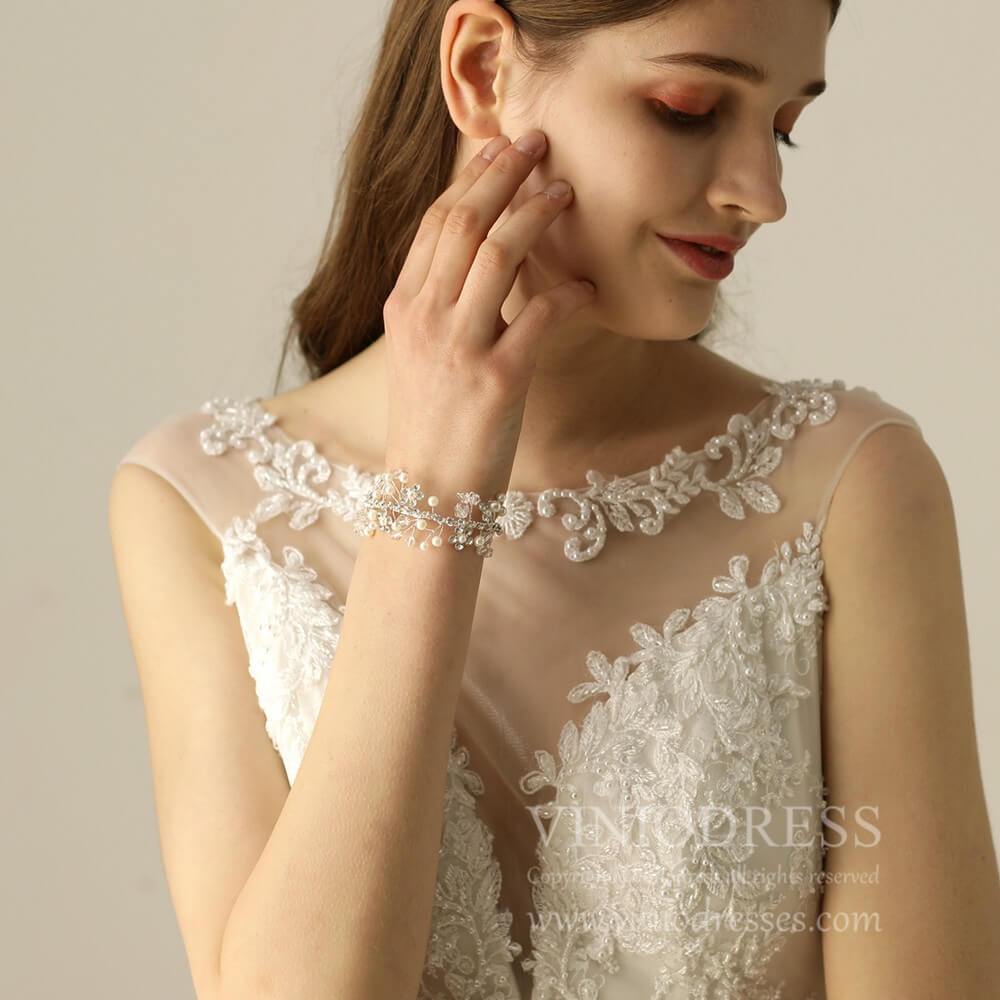 Crystal and Pearl Spray Cuff Bracelet AC1096-Bridal Jewelry-Viniodress-Viniodress