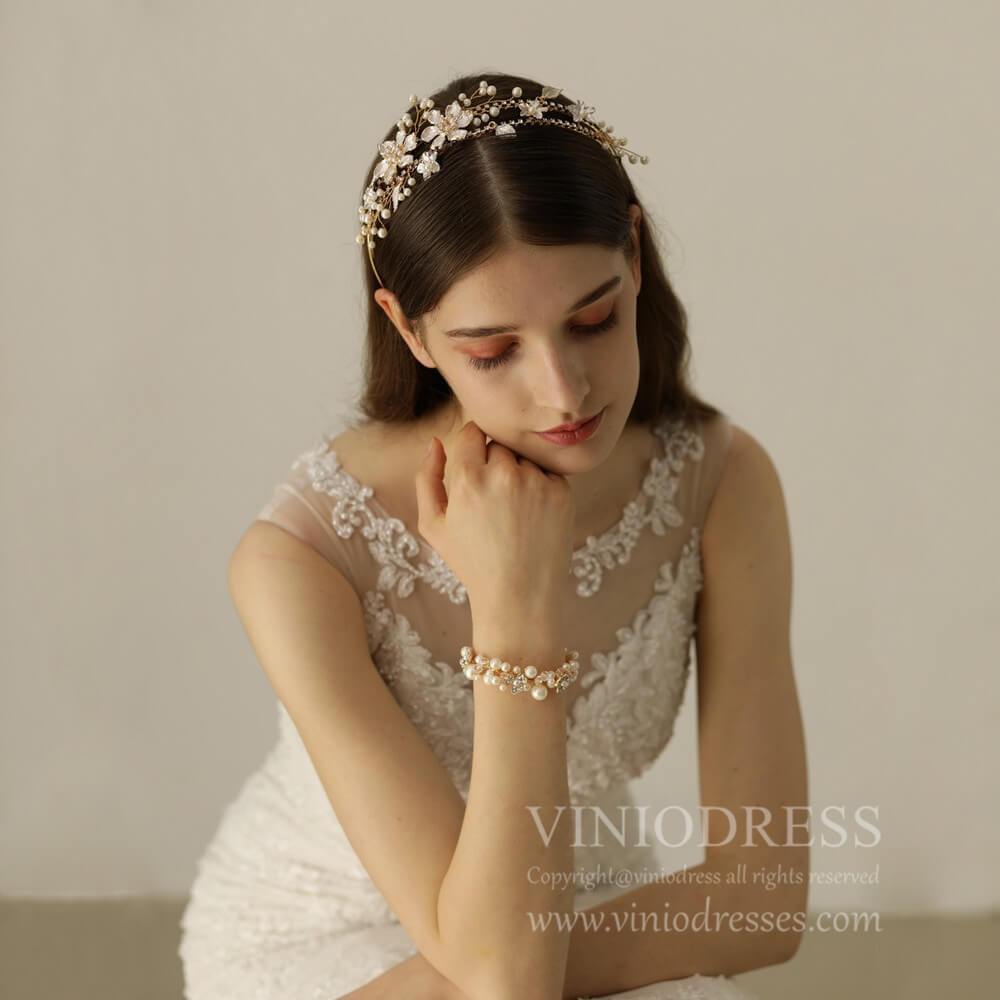 Crystal Blossom and Pearl Bridal Bracelet AC1095-Bridal Jewelry-Viniodress-As Picture-Viniodress