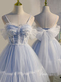 Lindos vestidos de fiesta de tul azul claro con lazo SD1368