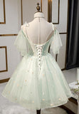 Cute Mint Lace Homecoming Dresses Off Shoulder Sleeve Graduation Dress SD1381-Homecoming Dresses-VINIODRESS-Viniodress