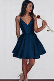 Cute Spaghetti Strap V-neck Satin Homecoming Dresses with Pockets SD1096-homecoming dresses-Viniodress-Navy Blue-Custom Size-Viniodress