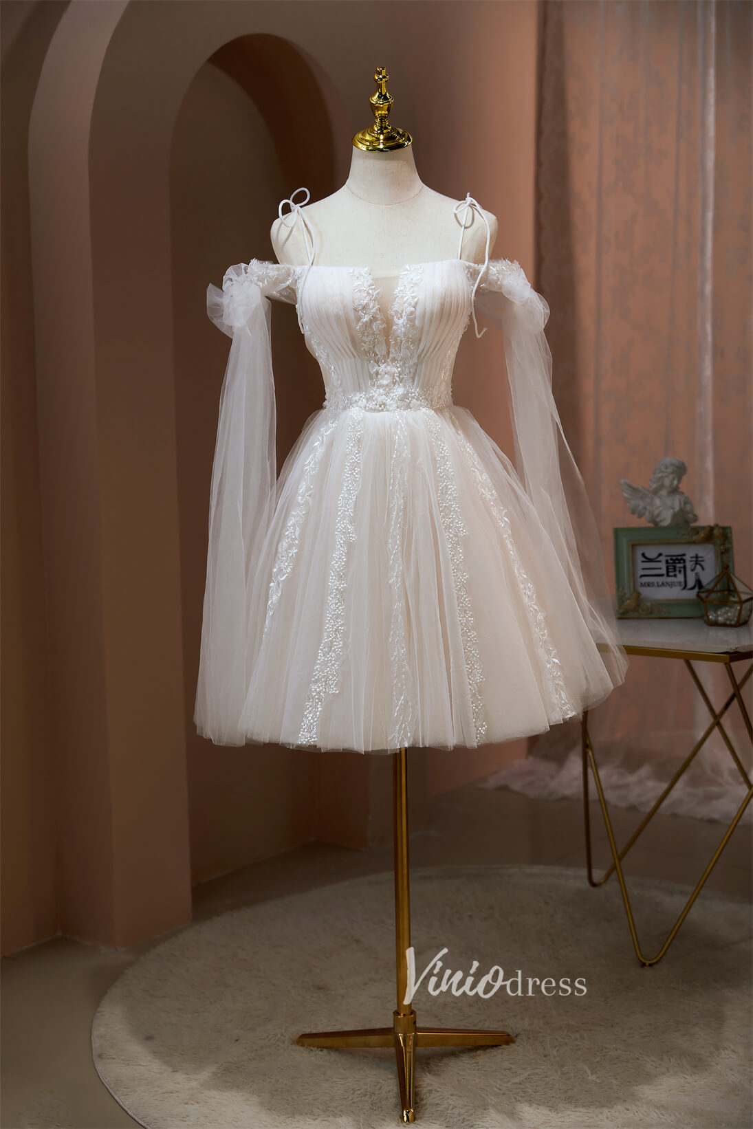 Cute Tulle Homecoming Dresses Cape Sleeve Graduation Dress SD1508-Dresses-Viniodress-Ivory-Custom Size-Viniodress