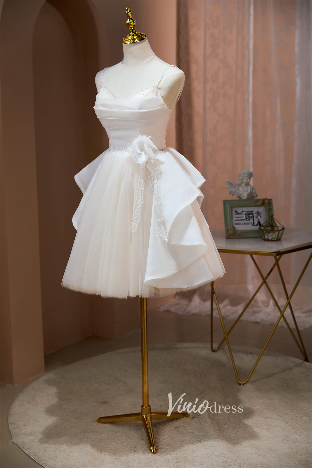 Cute Tulle Homecoming Dresses Spaghetti Strap Graduation Dress SD1509-Dresses-Viniodress-Ivory-Custom Size-Viniodress