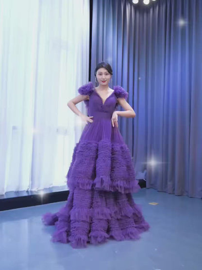 Ruffled Purple Formal Dress V-neck Layered Prom Dresses 67448