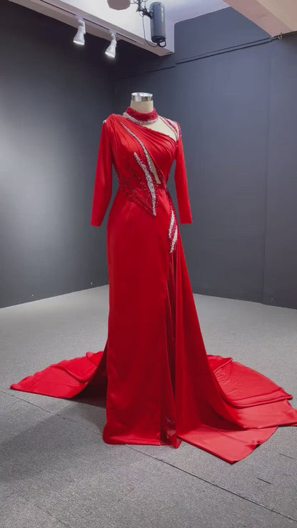 Long Sleeve Red Mermaid Pageant Dress Overskirt Formal Gown 67436