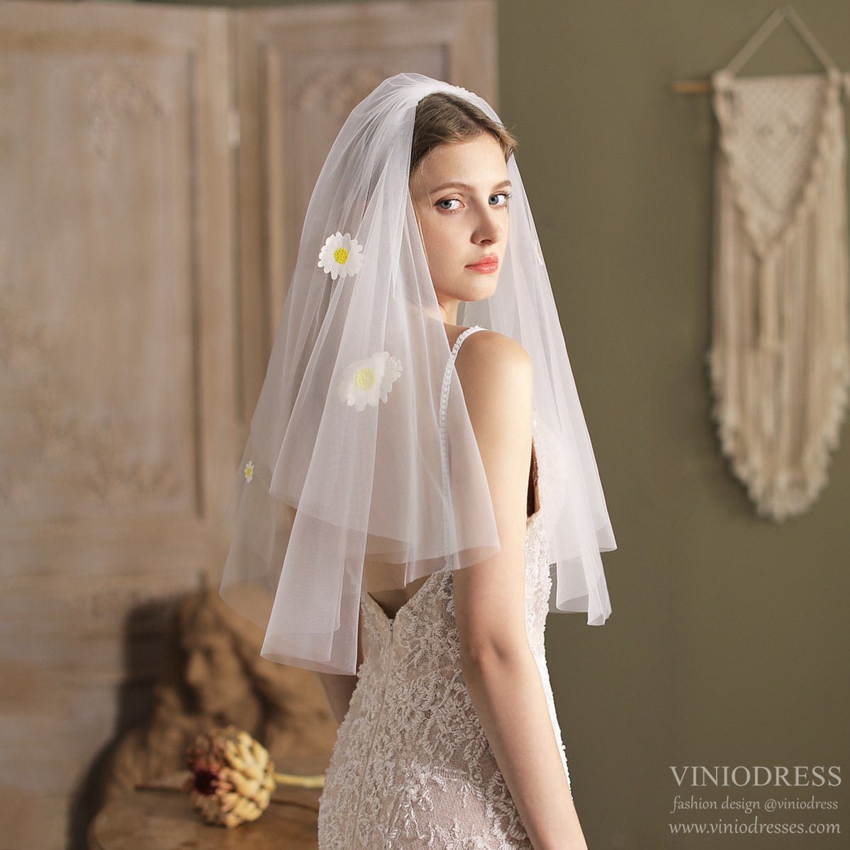 Daisy Bridal Veil with Blusher Elbow Lenght Veil-Accessories 2025 -Viniodress-Ivory-