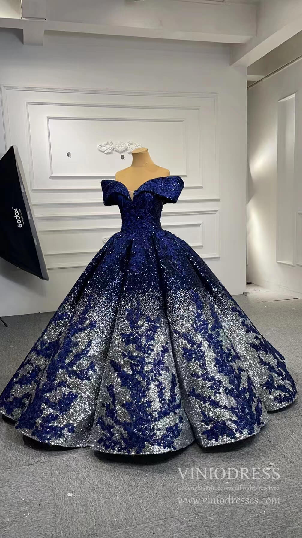 Dark Blue Lace Appliqued Ball Gown Formal Dress 66536B-Quinceanera Dresses-Viniodress-Viniodress