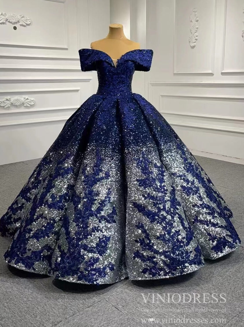 Dark Blue Lace Appliqued Ball Gown Formal Dress 66536B-Quinceanera Dresses-Viniodress-Blue-Custom Size-Viniodress
