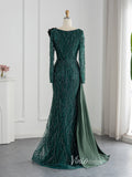 Dark Emerald Green Evening Dresses Long Sleeve Beaded Prom Dress 20080-prom dresses-Viniodress-Viniodress