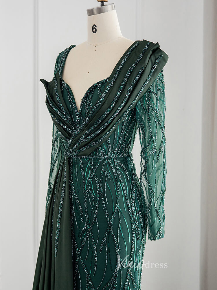 Dark Emerald Green Evening Dresses Long Sleeve Beaded Prom Dress 20080-prom dresses-Viniodress-Viniodress