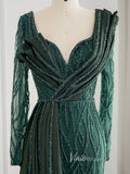 Dark Emerald Green Evening Dresses Long Sleeve Beaded Prom Dress 20080-prom dresses-Viniodress-Viniodress