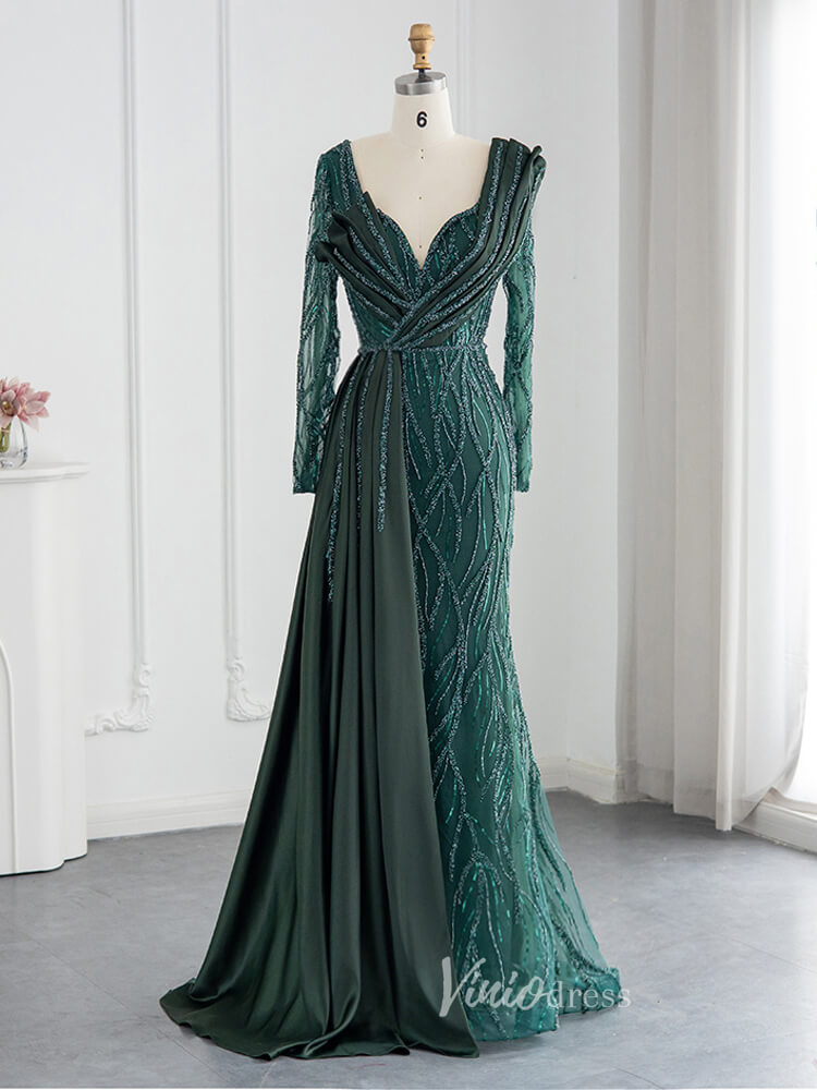 Dark Emerald Green Evening Dresses Long Sleeve Beaded Prom Dress 20080-prom dresses-Viniodress-Emerald Green-US 2-Viniodress