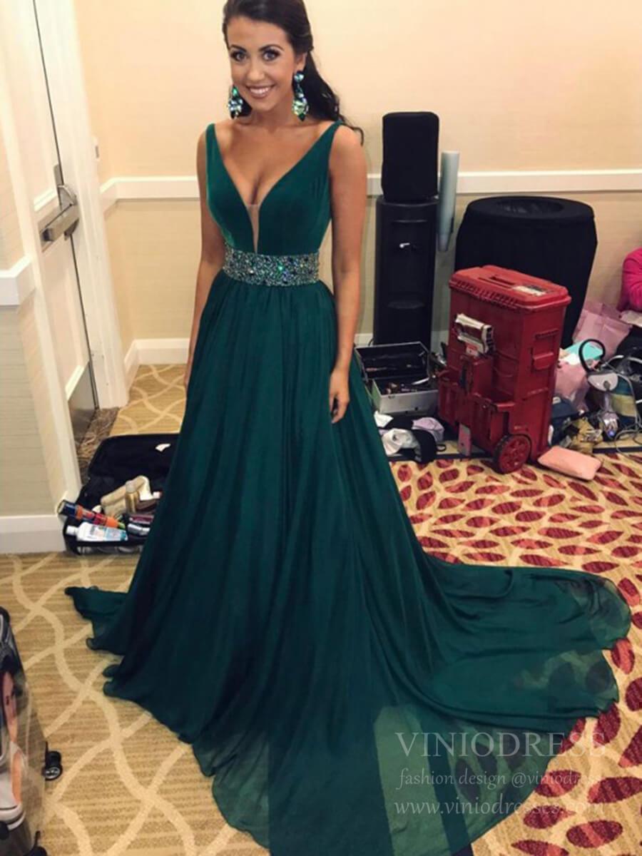 Dark Green Chiffon Prom Dresses V Neck Beaded Formal Dress with Train FD1870-prom dresses-Viniodress-Emerald Green-Custom Size-Viniodress