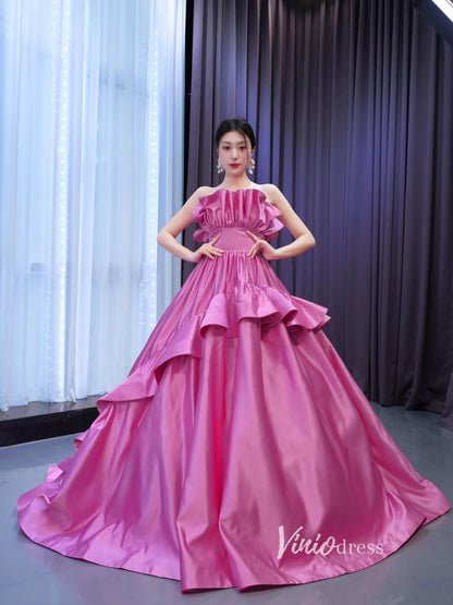 Dark Pink Ruffle Ball Gown Quince Dresses Satin Ball Gown Wedding Dress 67531-Quinceanera Dresses 2025 -Viniodress-As Picture-Custom Size-