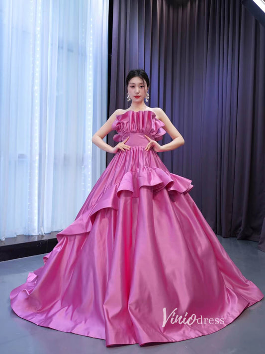 Dark Pink Ruffle Ball Gown Quince Dresses Satin Ball Gown Wedding Dress 67531-Quinceanera Dresses 2025 -Viniodress-As Picture-Custom Size-