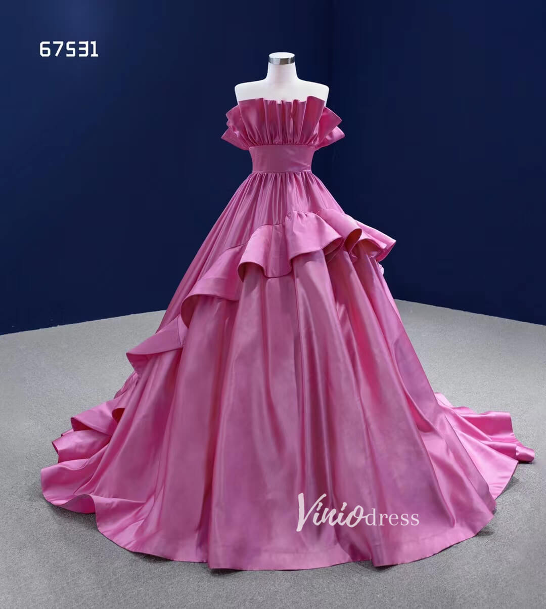 Dark Pink Ruffle Ball Gown Quince Dresses Satin Ball Gown Wedding Dress 67531-Quinceanera Dresses-Viniodress-Viniodress