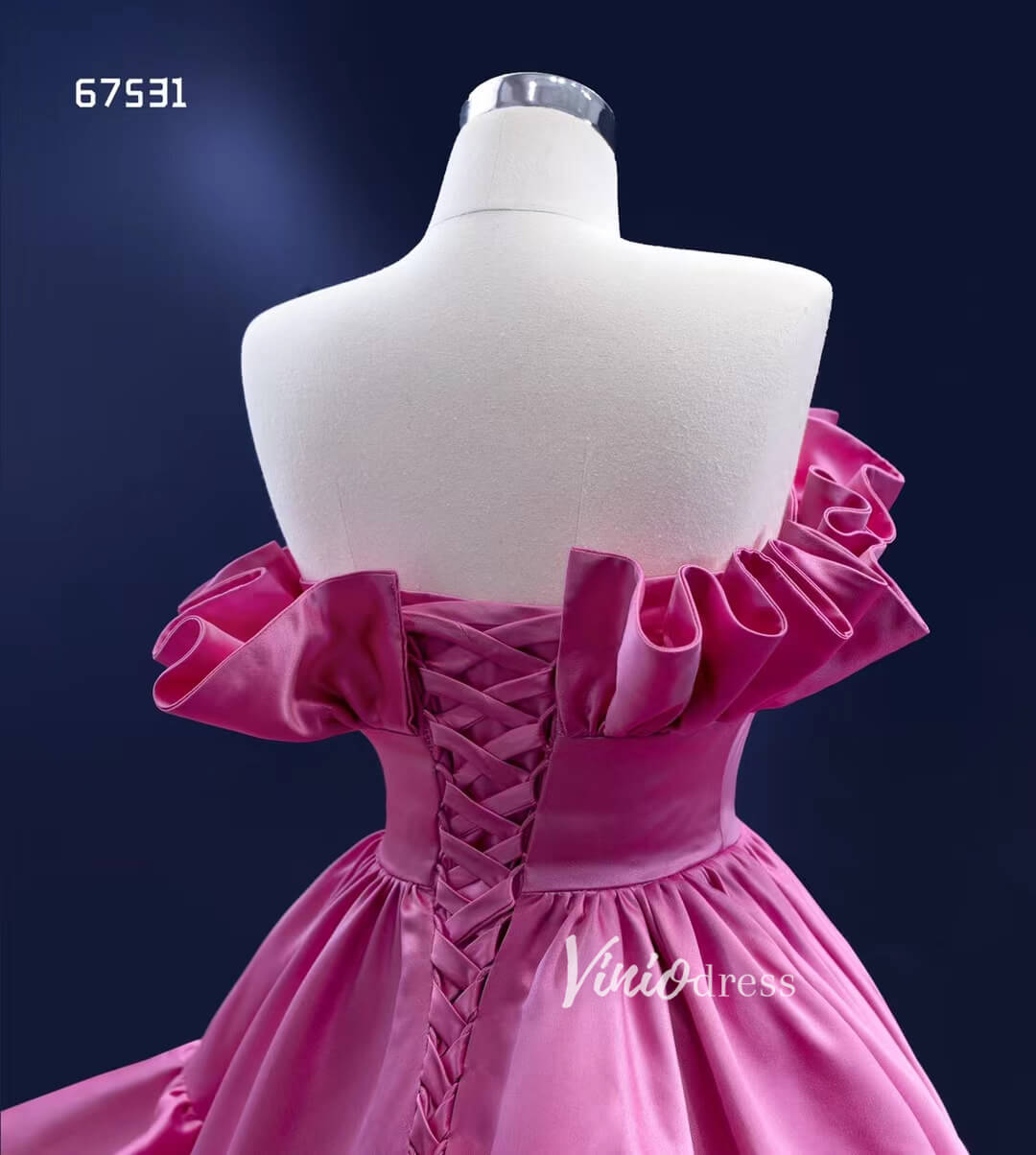 Dark Pink Ruffle Ball Gown Quince Dresses Satin Ball Gown Wedding Dress 67531-Quinceanera Dresses-Viniodress-Viniodress