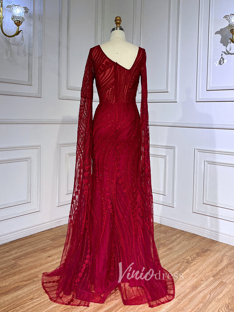 Dark Red Beaded Lace Prom Dresses Extra Long Sleeve Formal Pageant Dress 20026-prom dresses-Viniodress-Viniodress