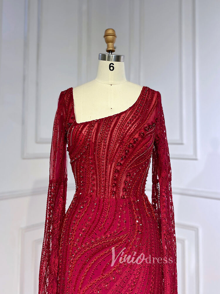 Dark Red Beaded Lace Prom Dresses Extra Long Sleeve Formal Pageant Dress 20026-prom dresses-Viniodress-Viniodress