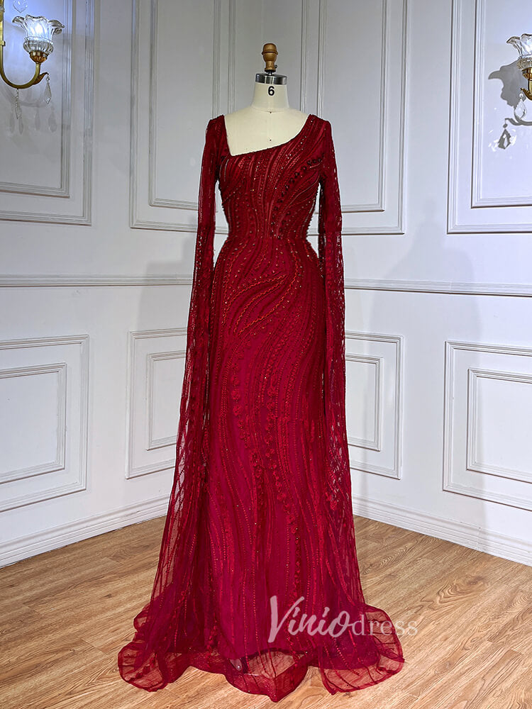 Dark Red Beaded Lace Prom Dresses Extra Long Sleeve Formal Pageant Dress 20026-prom dresses-Viniodress-Red-US 2-Viniodress