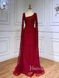 Dark Red Beaded Lace Prom Dresses Extra Long Sleeve Formal Pageant Dress 20026