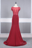 Dark Red Beaded Mermaid Prom Dresses Cap Sleeve Formal Dress FD2485-prom dresses-Viniodress-Viniodress