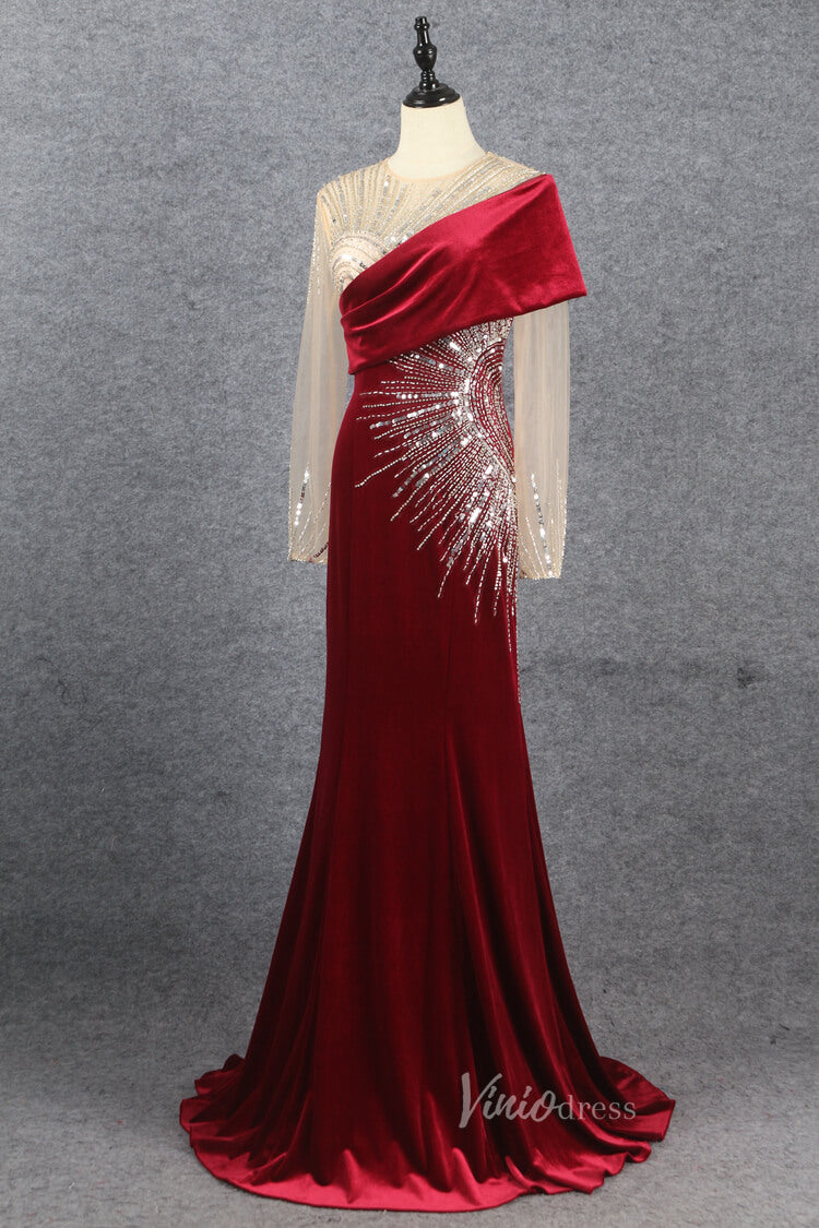 Dark Red Long Sleeve Prom Dress Beaded Velvet Evening Dress FD2608-Prom Dresses-VINIODRESS-Burgundy-US2-Viniodress