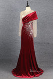 Dark Red Long Sleeve Prom Dress Beaded Velvet Evening Dress FD2608
