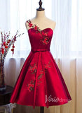 Dark Red Satin Floral Homecoming Dress with Pockets SD1271