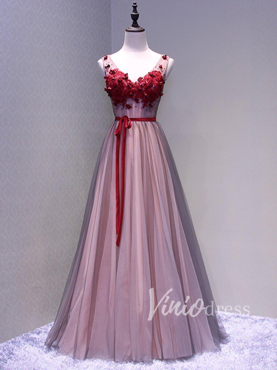 Dark Red V Neck Formal Dresses with Sash FD1516-prom dresses-Viniodress-As Picture-Custom Size-Viniodress