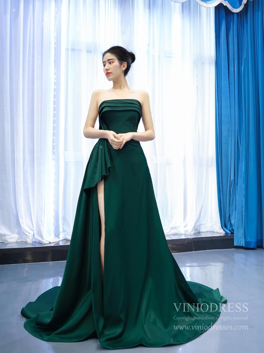 Deep Green Satin Prom Dresses Strapless Military Dress with Slit FD2456 viniodress-prom dresses-Viniodress-As Picture-Custom Size-Viniodress