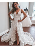 Deep V-neck 3D Leaf Lace Country Wedding Dresses with Slit VW1870-wedding dresses-Viniodress-Viniodress