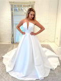 Deep V neck Strapless Satin Wedding Dresses with Pockets VW1867-wedding dresses-Viniodress-Viniodress