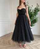 Dotted Black Tulle Cocktail Dress Tea Length Prom Dresses with Pockets FD2776