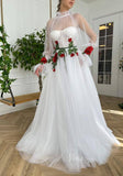 Dotted Lace Off White Wedding Dress Red Floral Prom Dress VW1184