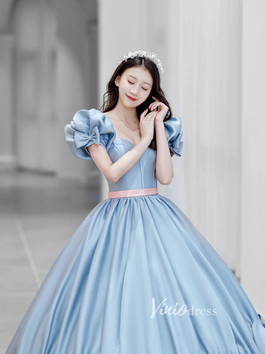 Dusty Blue Ball Gown Sweet 16 Dress Bow-tie Quince Dress FD2786-Quinceanera Dresses-Viniodress-Viniodress