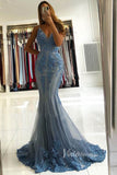 Dusty Blue Beaded Evening Dresses Mermaid Spaghetti Strap Prom Dress FD3023-prom dresses-Viniodress-Viniodress